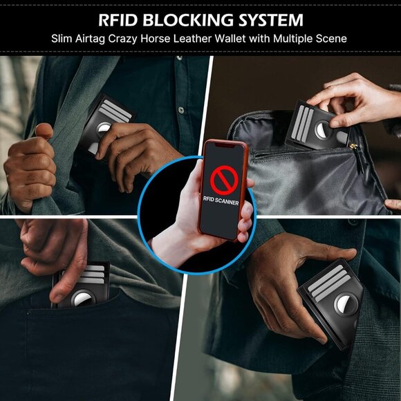 Slim Minimalist Airtag Card Wallet for Men, Front Pocket Premium Crazy Horse Lea - Picture 5 of 8